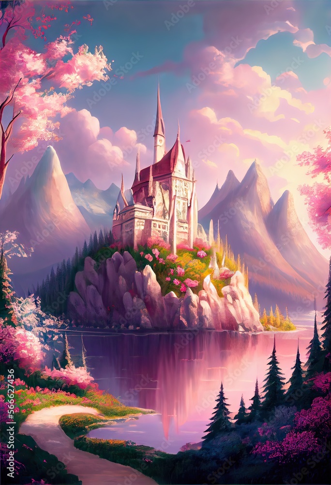 Generative AI illustration of magical land of enchanted forests, castle ...