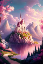 Generative AI Illustration Of Magical Land Of Enchanted Forests, Castle, Sparkling Waterfalls And Lush Meadows, Lake And Fairy Tail