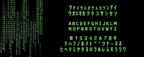 Alphabet, numbers and special characters for source code. VR typography for web projects. Rain of green glowing signs on black screen. Wallpaper graphic generated in illustrator. Hacking subject.