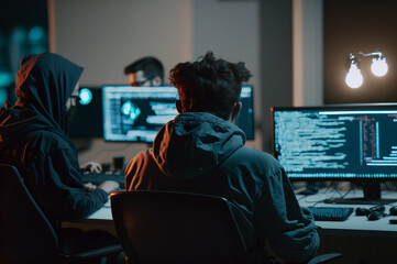 back view of a hacker coding scripts for cybersecurity company, programming and working from home la