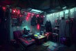© CravenA - Generative AI illustration of messy and dark cyberpunk hacker hideout room with lights