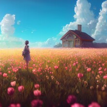 Person Standing In A Field Of Flowers With A House In The Background. Generative Ai.