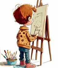 Cute Little Boy Painting A Picture On Canvas. Cartoon Illustration