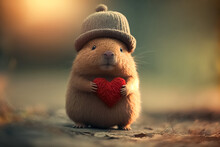 Cute Hamster Holding A Heart. Valentine's Day Concept Theme 3D Render Generated By AI.