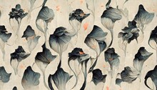 Tropical Flower Petals Damask Wallpaper Repeating Pattern Japanese Style Intricate Details Hand Painted Muted Colors Charcoal Pencil Technique Highly Detailed 