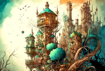 Wall Mural - Digital painting of fantasy fairytale castle with trees and birds. Abstract whimsical illustration.