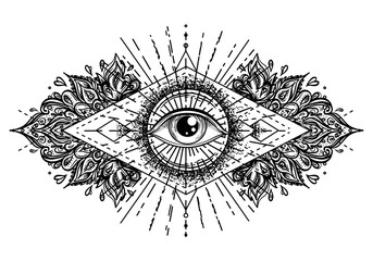 Wall Mural - Blackwork tattoo flash. Eye of Providence. Masonic symbol. All seeing eye inside triangle pyramid. New World Order. Sacred geometry, religion, spirituality, occultism. Isolated vector illustration.