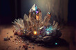 Beautiful glowing crystal formation with selective focus. Digital painting effect. Created with AI generative technology.