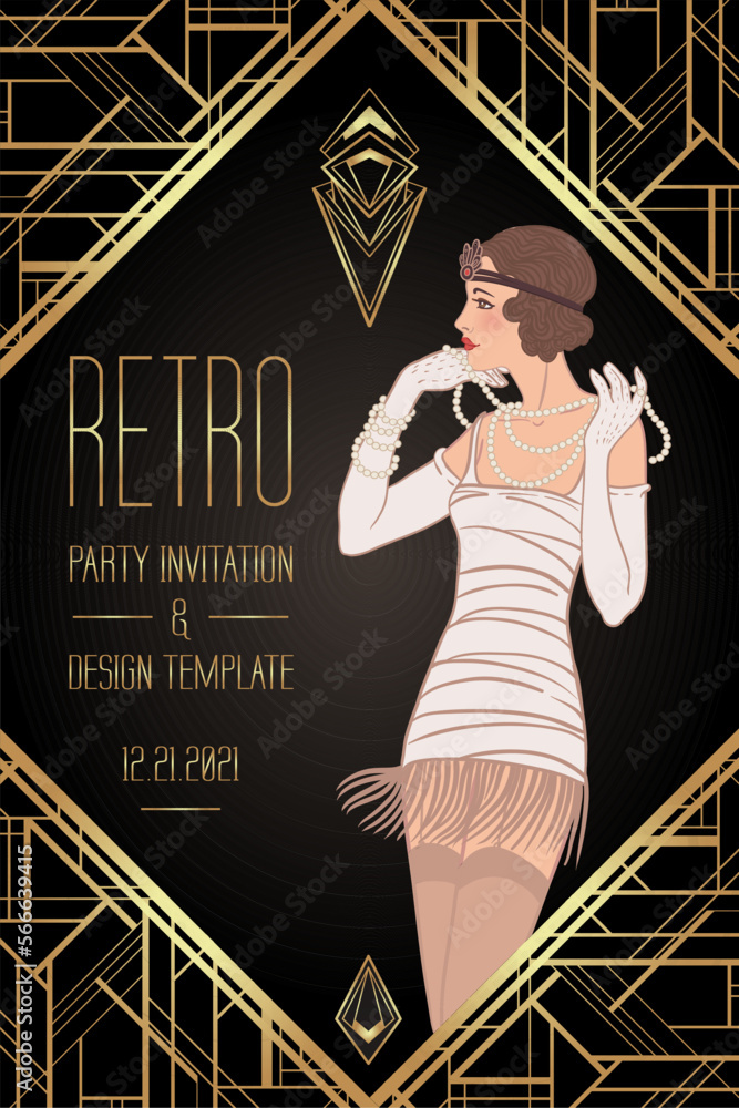 Flapper girl Art deco 1920s style vintage invitation template design Flapper girl Art deco 1920s style vintage invitation template design