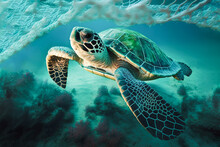 AI Generated Image Of Turtle Swimming In Blue Sea