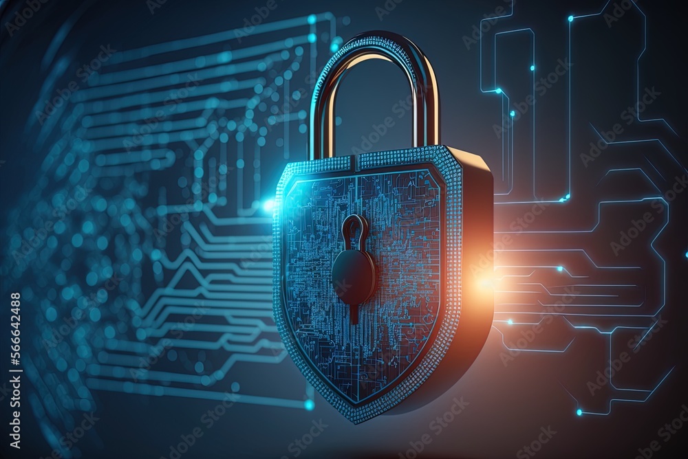 Lock sign representing security technology on a futuristic, digital ...