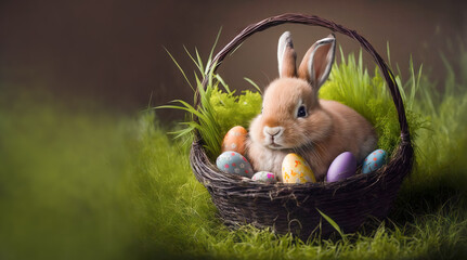 Wall Mural - Cute Easter bunny rabbit sitting in a basket full of colored eggs. Cotton tail in an open field of beautiful wild flowers. A cute Easter image created with generative ai	