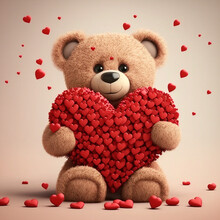Cute Teddy Bear Hugging A Big Red Heart. Valentine's Day Concept. Post-produced Generative AI.