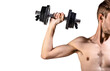 © Yevhen - Man in sports with dumbbells. Weak man lift a weight, dumbbells, biceps, muscle, fitness. Skinny guy hold dumbbells up in hands. Nerd maleraising a dumbbell. Man holding dumbbell in hand