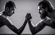 Arms wrestling thin hand, big strong arm in studio. Heavily muscled bearded man arm wrestling a puny weak man. Black and white