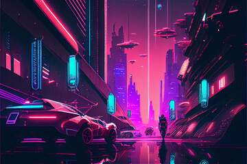 Futuristic city with high-rise buildings and flying cars with glowing neon lights, comic style, generative AI