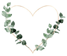 Heart-shaped Leaf Frame. Watercolor Floral Wreath Made Of Green Foliage And Eucalyptus Branches. PNg Clipart On Transparent Background.
