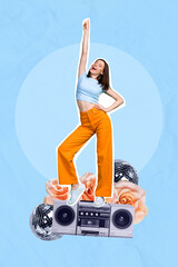 Sticker - Vertical photo collage design celebrating woman hand up careless listen audio cassette recorder disco ball flowers party isolated on blue background