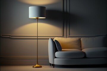 Three dimensional render of floor lamp standing beside white sofa