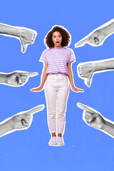 Sticker - Vertical collage image of hand demonstrate thumb down point fingers impressed black white gamma girl isolated on blue background