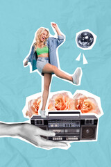 Poster - Magazine creative banner collage of youth lady hipster dance energetic tape recorder night club on floral background