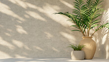 Minimal Product Placement Background With Tropical Palm In Clay Pot And Shadow On Concrete Wall. Luxury Summer Architecture Interior Aesthetic. Modern Summer Mockup Design.