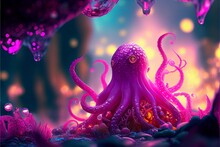 Purple Octopus Sitting On Top Of A Lush Green Field. Generative Ai.