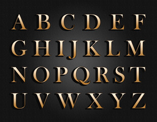 Wall Mural - Golden english alphabet on a gray background.