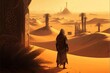 A lone adventurer in a desert landscape with a city on the horizon, fantasy. generative ai
