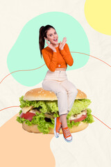 Poster - Photo creative collage poster artwork of positive joyful lady eat tasty meal isolated on painting background