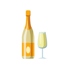 Champagne or white wine and glass vector illustration. Wine, champagne, alcohol drink. Icon of bar menu isolated on white background