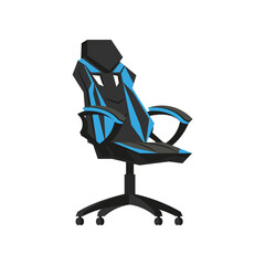 Chair for gamer or modern office chair vector illustration. Drawing of computer chair, comfortable equipment for gaming isolated on white background. Furniture, gaming, comfort concept