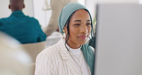 Woman, startup and desk with computer, reading and coding in modern office with technology. Muslim programming expert, islamic developer and web design worker with vision, tech solution and happiness