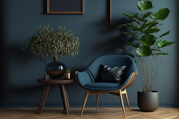 Wall Mural - Armchair and wooden table in living room interior with plant,dark blue wall. Generative AI