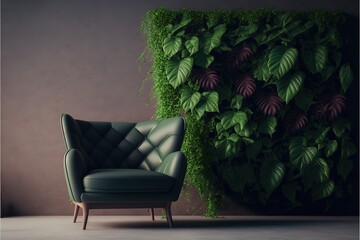 Wall Mural - Green plant wall background with leather armchair on empty concrete wall. Generative AI