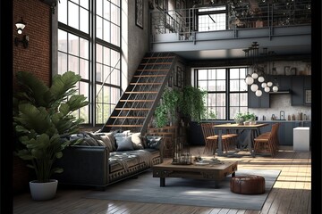 Wall Mural - Living room loft in industrial style. Generative AI