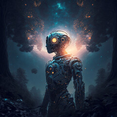 Generative ai illustration sci-fi futuristic humanoid robot in outer space.