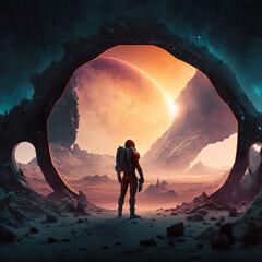 Wall Mural - generative ai astronaut exploring planet watching outer space. science fiction illustration of cosmo