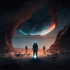 Wall Mural - generative ai astronaut exploring planet watching outer space. science fiction illustration of cosmo