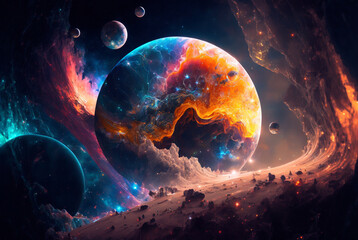 Wall Mural - generative ai illustration of planets and shining stars galaxy in space.