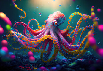 Colorful octopus swimming underwater. Generative Ai Art. Rainbow colors.