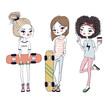 Cute girls skateboarders standing with skateboards. Vector illustration