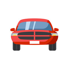 Poster - Red car front view cartoon vector illustration. Red transport vehicle, red car on white background. Means of transport, travel transportation concept