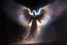 Large Angelic Figure With Wings Unfurled. Generative AI, This Image Is Not Based On Any Original Image, Character Or Person.