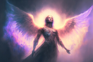 Poster - Large Angelic figure with wings unfurled. Generative AI, this image is not based on any original image, character or person.