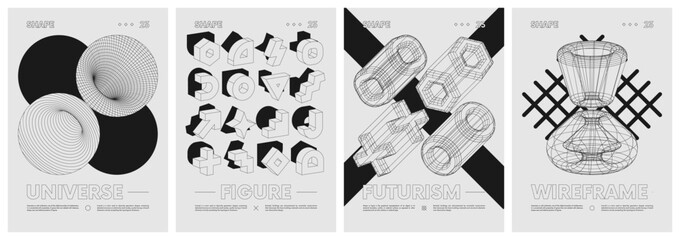 Wall Mural - Strange extraordinary graphic assets wireframes of geometrical shapes and black geometric figures, Anti-design element vector set posters inspired by brutalism, contemporary artwork