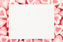 Blank White Greeting Card With Pink And White Candy Hearts