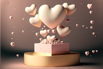 a cake with hearts flying out of it on a table with confetti on top of it and confetti in the middle