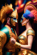couple characterized with masks and party costumes in the Opera. Illustration of a couple in carnival costumes in fantasy Carnaval day. Generative ai