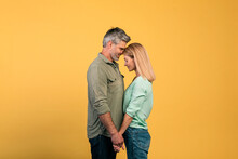 Romantic Mature Couple Holding Their Hands And Touching Foreheads, Cuddling, Yellow Background, Studio Shot